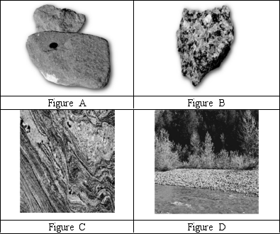 <strong>Which one of the pictures does NOT show (a)rock(s)? </strong> A)Figure A B)Figure B C)Figure C D)Figure D