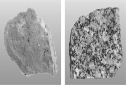The two images below are of a rhyolite and a granite.First,label each rock with its proper rock name.Second,describe the difference in cooling history of the two rocks.
