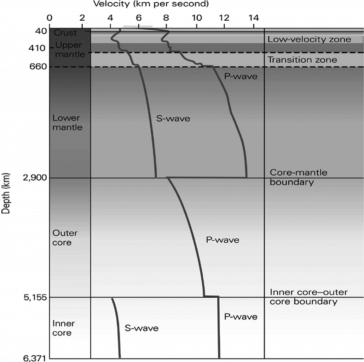 <strong>In the following graph,why does the line for S-waves NOT appear in the outer core?  </strong> A)S-waves cannot travel through the outer core because it is solid. B)S-waves cannot travel through the outer core because it is liquid. C)S-waves disappear after being reflected at the core-mantle boundary. D)S-waves cannot travel that far into Earth due to the high amount of iron. <div style=padding-top: 35px> 