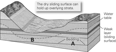 <strong>Consult the figure below.Where is the hydraulic head the highest and why? </strong> A)A,because there is more rock above it. B)A,because there is more water above it. C)B,because there is less rock above it. D)B,because there is less water above it.