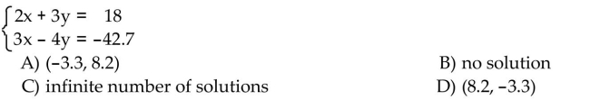 Solve the system of equations by either the addition method or the substitution method.