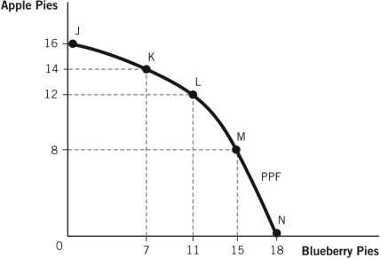 Refer to the following figure for the questions that follow. -The opportunity cost of increasing the production of apple pies from 12 to 14 pies is: