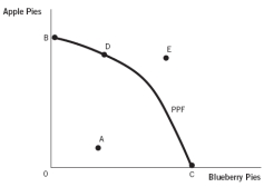 <strong>Refer to the following figure to answer the next four questions. Which of the following represents an inefficient point?</strong> A) point A B) point B C) point C D) point D E) point E