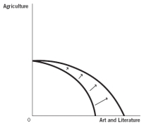 Use these production possibilities frontier (PPF) curves, which compare the ancient production of agricultural products to art and literature, to answer the next four questions. a.Graph A b.Graph B c.Graph C d.Graph D e.Graph E -Suppose a great plague wipes out half of the society's population.Which of the following graphs best depicts how this would affect the PPF?