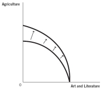 Use these production possibilities frontier (PPF) curves, which compare the ancient production of agricultural products to art and literature, to answer the next four questions. a.Graph A b.Graph B c.Graph C d.Graph D e.Graph E -Suppose a great plague wipes out half of the society's population.Which of the following graphs best depicts how this would affect the PPF?