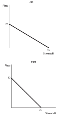 The figures below depict the production possibilities frontiers (PPFs) for two people who can allocate the same amount of time between building wooden boats and solving crimes. Refer to these figures to answer the next two questions.    -Which statement best describes the absolute advantage as shown in the graphs?  