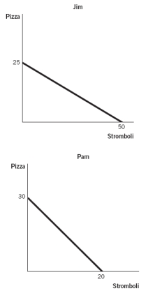 The accompanying figures depict the production possibilities frontiers (PPFs) for two people who can allocate the same amount of time between making pizzas and making stromboli.Which statement about comparative advantage is true?