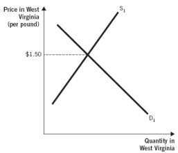 <strong>The following two graphs depict the equilibrium price of a pound of grapes in California and West Virginia, respectively. Assume the type and quality of the grapes being sold in the two states are identical. Further, assume grape sellers incur zero costs to transport grapes between the two states and there are no other barriers to trade. Use these graphs to answer the next three questions: Which of the following pairs of prices is consistent with the law of one price?</strong> A) California price: $0.50; West Virginia price: $0.80 B) California price: $0.80; West Virginia price: $0.80 C) California price: $1.20; West Virginia price: $1.20 D) California price: $1.35; West Virginia price: $1.35 E) California price: $1.50; West Virginia price: $1.50