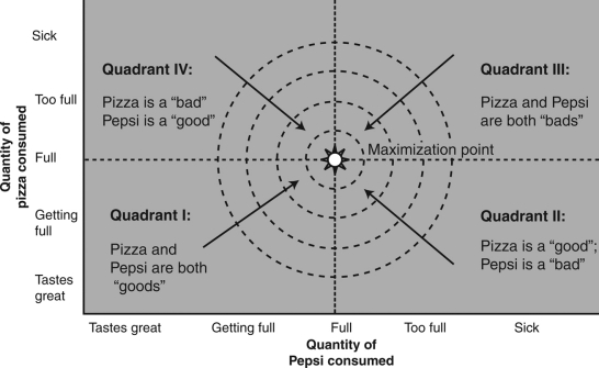 <strong>Refer to the following figure.Which is the most affordable path to the highest utility? </strong> A) Quadrant I B) Quadrant II C) Quadrant III D) Quadrant IV E) All four quadrants are equally affordable paths to the highest utility.