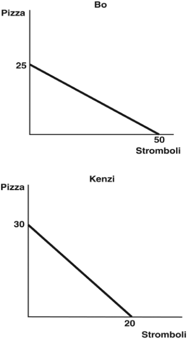 <strong>use the figure below to answer the following questions : the figure depict the production possibilities frontiers (PPFs)for two people who can allocate the same amount of time between making pizzas and making stromboli. What is Kenzi's opportunity cost of making 1 stromboli?</strong> A) 30 pizzas B) 20 stromboli C) 2 pizzas D) 1.5 pizzas E) 2/3 pizza