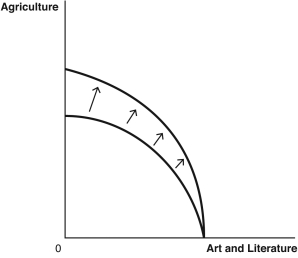 use the figures below to answer the following questions : the production possibilities frontier (PPF)curves,which compare the ancient production of agricultural products to art and literature A. B. C. D. E. -Suppose the printing press is invented.Which graph best depicts how this would affect the PPF?