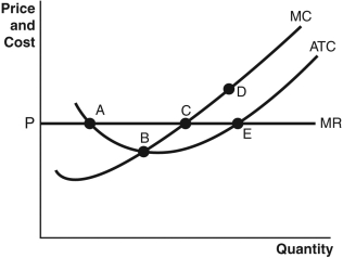 <strong>Refer to the accompanying figure.Point ________ corresponds to the profit-maximizing quantity that a competitive firm would produce. </strong> A) A B) B C) C D) D E) E