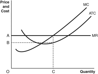 <strong>Refer to the accompanying graph to answer the following questions. -If the firm is maximizing profits,total cost is represented by the area</strong> A) B * C B) A * C C) (A - B) * C D) A * B. E) (A + B) * C.