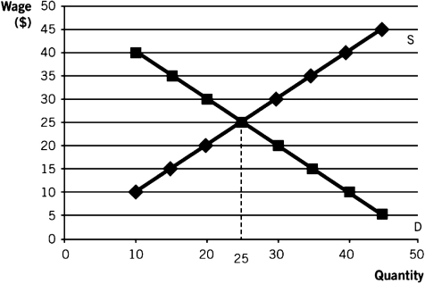 <strong>The following graph represents Zendar's labor market.Use this graph to answer the following questions:   At all wages below ________,there will be ________.</strong> A) $10; a surplus B) $25; a shortage C) $40; a surplus D) $35; no labor supplied E) $20; no labor demanded <div style=padding-top: 35px> 