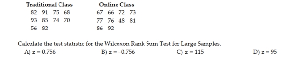 Online classes are becoming more and more prevalent at the college level. A statistics instructor randomly sampled ten students from his traditional face-to-face class and ten students from his online class to compare their comprehension of the material that was taught in the class. He administered the same final exam to each student and wants to use the Wilcoxon Rank Sum test to compare their exam scores. The results are shown below: