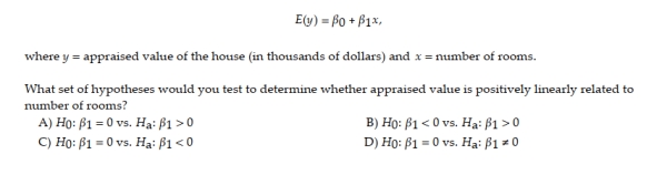 A county real estate appraiser wants to develop a statistical model to predict the appraised value of houses in a section of the county called East Meadow. One of the many variables thought to be an important predictor of appraised value is the number of rooms in the house. Consequently, the appraiser decided to fit the simple linear regression model: