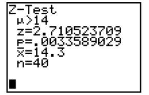 Based on the information in the screen below, what would you conclude in the test of H0: μ ≤ 14, Ha: μ > 14. Use α = .01.