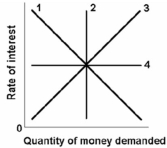 <strong>  Which line in the above graph would best reflect the slope of the transactions demand for money curve?</strong> A) line 1 B) line 2 C) line 3 D) line 4 <div style=padding-top: 35px> 
