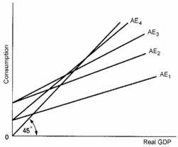 <strong>Refer to the below diagram, which aggregate expenditure (AE) schedule for a private closed economy implies the largest MPC? </strong> A) AE<sub>4</sub> B) AE<sub>3</sub> C) AE<sub>2</sub> D) AE<sub>1</sub>