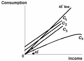 <strong> Refer to the above diagram. The MPC is constant as income rises for:</strong> A) none of the consumption schedules shown. B) C<sub>3</sub> only. C) C<sub>1</sub>, C<sub>2</sub>, and C<sub>3</sub> only. D) C<sub>4</sub> only.