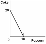 <strong>Refer to the diagram below, suppose you have a money income of $10 all of which you spend on Coke and boxes of popcorn. The prices of Coke and popcorn respectively are: </strong> A) $.50 and $1.00. B) $1.00 and $.50. C) $1.00 and $2.00. D) $.40 and $.50.