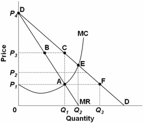 <strong> Refer to the above graph.The monopolist's profits:</strong> A) will be equal to the area P<sub>1</sub>P<sub>3</sub>AE. B) will be equal to the area P<sub>2</sub>P<sub>3</sub>B. C) will be equal to the area P<sub>1</sub>P<sub>3</sub>AC. D) cannot be determined from the information given.