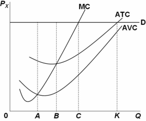<strong>  Refer to the above graph.The profit-maximizing level of output for the firm is:</strong> A) 0A. B) 0B. C) 0C. D) 0K. <div style=padding-top: 35px> 