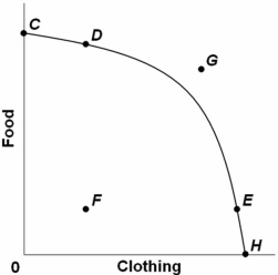 The combination of food and clothing shown by point G on the above graph: