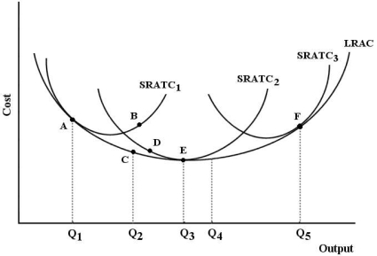The figure below shows a family of cost curves for a firm. The subscripts 1, 2, and 3 for the SRATC curves refer to different plant sizes. FIGURE 8-3 -Refer to Figure 8-3. Suppose this firm is producing output level Q₃ with plant size 2. Now suppose this firm changes to plant size 3 and is producing output level Q5. We can say that