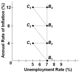 <strong> Refer to the graph above. The economy is at point B<sub>2</sub>, and then aggregate demand increases. In the short run, the economy will:</strong> A) Stay at point B<sub>2</sub> and remain there in the long run B) Move to point C<sub>2</sub> and in the long run move on to B<sub>3</sub>. C) Move to point B<sub>3</sub> and in the long run move on to C<sub>2</sub>. D) Move to point B<sub>1</sub> and in the long run move back to B<sub>2</sub>.