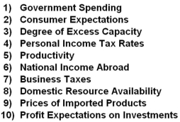 <strong>Answer the question based on the following list of items that are related to aggregate demand and/or aggregate supply. Refer to the list above. Changes in which combination of factors best explain why the aggregate supply curve would shift?</strong> A) 1 and 2 B) 2 and 10 C) 3 and 6 D) 7 and 8