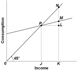 The graph above shows the relationship between consumption and income. Which of the following statements is correct?