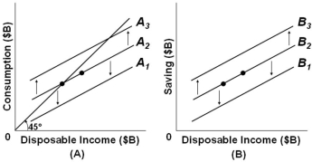 <strong> Refer to the above figures with consumption schedules in figure (A) and saving schedules in figure (B), which correspond to each other across different levels of disposable income. If, in figure (A), consumption increases along line A<sub>2</sub> then in figure (B) there would be:</strong> A) A shift from line B<sub>2</sub> to B<sub>3</sub> B) A shift from line B<sub>2</sub> to B<sub>1</sub> C) A movement down along line B<sub>2</sub> D) A movement up along line B<sub>2</sub>