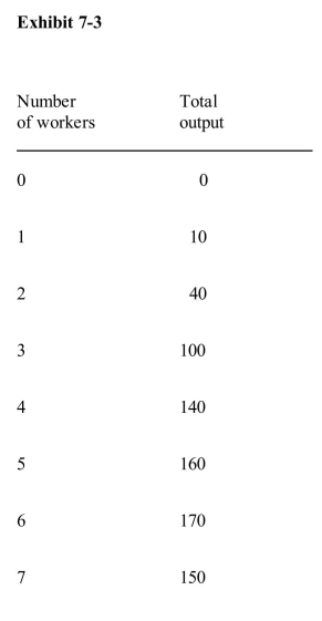 <strong> In Exhibit 73, the marginal product of the third worker is</strong> A)20 B)100/3 C)60 D)50 E)140