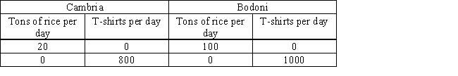 The following table shows per-day production data of rice and T-shirts for two countries,Cambria and Bodoni.Based on the table,it can be said that Bodoni should produce rice and trade their rice for Cambria's T-shirts. Table 17.1 