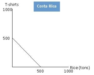 <strong>The figure below shows the production possibilities frontiers for rice and T-shirts for two countries, Costa Rica and United States. According to the figure below, in Costa Rica, the opportunity cost of 1 ton of rice is: Figure 2.1 </strong> A)1/2 of a T-shirt. B)3/4 of a T-shirt. C)1 T-shirt. D)11/2 T-shirts. E)2 T-shirts.