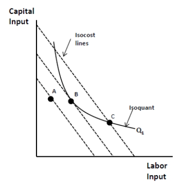 <strong>Exhibit 7-22 In Exhibit 7-22, which input combination shows the minimum cost of producing output Q<sub>1</sub>?</strong> A) A B) B C) C D) either B or C E) cannot tell from information presented