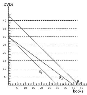 <strong>Exhibit 6-26 Consider Exhibit 6-26. Three budget lines are shown. Which of the following statements is true about the budget lines?</strong> A) Budget line B<sub>2</sub> reflects the same income and price for DVDs as budget line B<sub>1</sub> but a higher price for books. B) Budget line B<sub>3</sub> reflects a higher income but the same price for both books and DVDs as budget line B<sub>2</sub>. C) Budget line B<sub>3</sub> reflects higher income and the same prices for both books and DVDs as budget line B<sub>1</sub>. D) Budget line B<sub>1</sub> reflects lower income than budget line B<sub>2</sub>. E) Budget line B3 reflects a lower price ration than budget line B<sub>3</sub>.