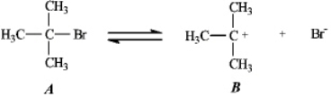 Instructions: Use the first step of the reaction of 2-bromo-2-methylpropane with water,shown below,to answer the following question(s). -Refer to instructions.Species B is: