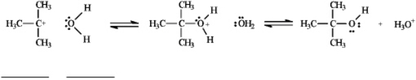 Instructions: Use the second and third steps of the reaction of 2-bromo-2-methylpropane with water,shown below,to answer the following question(s). -Refer to instructions.Label the nucleophile,Nu,and the electrophile,E<sup>+</sup>,in the blanks provided under the structures.