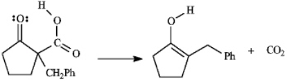 Instructions: Consider the reaction sequence below to answer the following question(s). Refer to instructions.Conversion of B into C involves hydrolysis of the ester followed by decarboxylation.On the structures provided below,show the electron flow for the decarboxylation step.