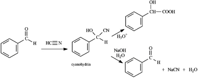 Instructions: Consider the data below to answer the following question(s). Cyanohydrins are important intermediates in the synthesis of a-hydroxycarboxylic acids from ketones and aldehydes.The nitrile functional group can be hydrolyzed by aqueous acid to yield a carboxylic acid.Nitriles can also be hydrolyzed to carboxylic acids using aqueous base.When a cyanohydrin is treated with aqueous base,however,the original carbonyl compound is isolated. Refer to instructions.Identify the electrophile and nucloephile in the reaction of benzaldehyde with hydrogen cyanide.