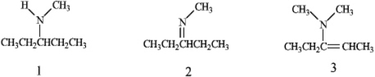 <strong>What is the correct assignment of the functional groups in each of the following compounds? </strong> A)1 = amine;2 = imine;3 = enamine B)1 = enamine;2 = imine;3 = amine C)1 = imine;2 = enamine;3 = amine D)1 = amine;2 =enamine;3 = imine