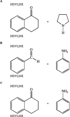 Predict whether the following reactions of the depicted carbonyl containing compounds and amines will result in the formation of an enamine or an imine.