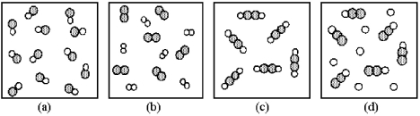 Which of the following drawings represents a collection of acetylene (C<sub>2</sub>H<sub>2</sub>)molecules? The shaded spheres represent carbon atoms and the unshaded spheres represent hydrogen atoms.