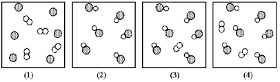 Assume that the mixture of substances in drawing (1)undergoes a chemical reaction.Which of the drawings (2)-(4)represents a product mixture that is consistent with the law of mass conservation?