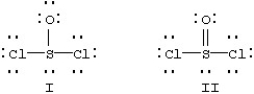 <strong>Two resonance forms for SOCl<sub>2</sub> are given below. Which is favored by the octet rule and which by formal charge considerations?</strong> A)I is favored by the octet rule and by formal charge considerations. B)I is favored by the octet rule and II by formal charge considerations. C)II is favored by the octet rule and I by formal charge considerations. D)II is favored by the octet rule and by formal charge considerations.
