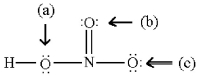 <strong>Assign formal charges to all atoms in the following resonance form for HNO<sub>3</sub>. </strong> A)0 for all atoms B)+1 for N,-1 for oxygen (c),0 for all other atoms C)+1 for N and H,-1 for oxygen (a)and oxygen (c),0 for oxygen (b) D)+1 for H,-2 for each oxygen,+5 for N