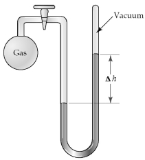 The apparatus shown is called a closed-end manometer because the arm not connected to the gas sample is closed to the atmosphere and is under vacuum.   -What is the pressure (in mm Hg)of the gas inside the above apparatus if the outside pressure,P<sub>atm</sub>,is 745 mm Hg and the difference in mercury levels,Δh,is 25 mm Hg?
