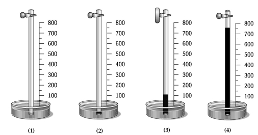A glass tube has one end in a dish of mercury and the other end closed by a stopcock.The distance from the surface of the mercury to the bottom of the stopcock is 800 mm,as indicated by the meter stick shown in the drawing below.The apparatus is at 20°C,and the mercury level in the tube is the same as that in the dish. -Which drawing best shows the approximate level of the mercury in the tube when the temperature of the entire apparatus is lowered from +20°C to -20°C?